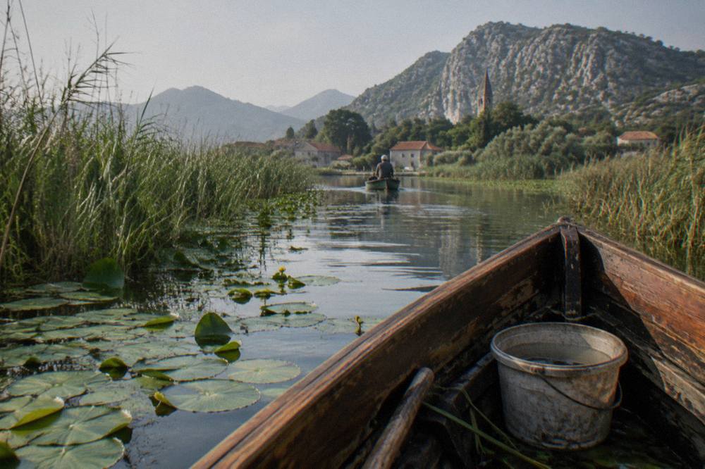 Traditional wooden boat cruising a narrow channel between reed islands on Lake Skadar