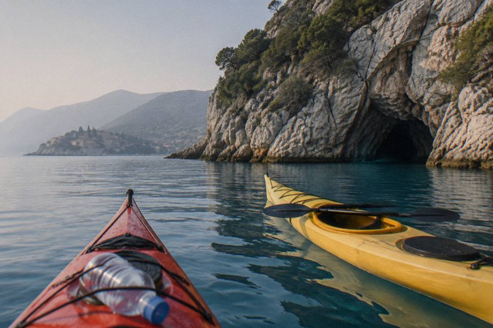 Kayaks floating on calm blue water near a rocky coastline with cliffs