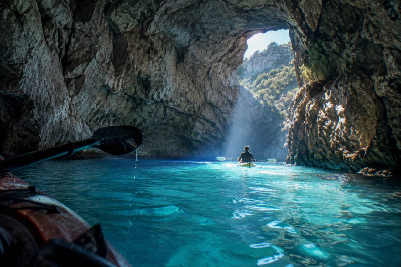 Turquoise water glowing inside a wide sea cave opening on the Montenegrin coast