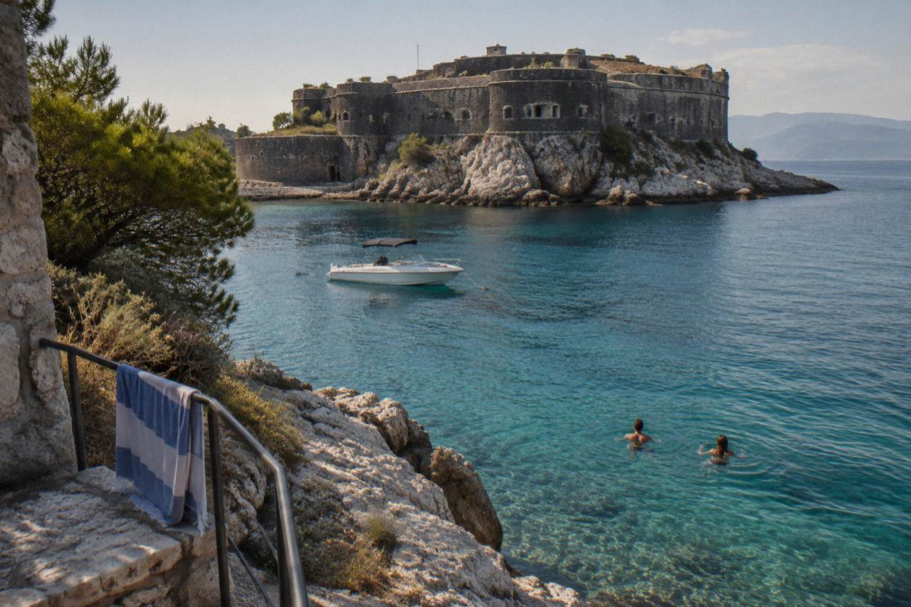 Speedboat anchored in a calm blue bay cove with swimmers in the water beside rocky cliffs