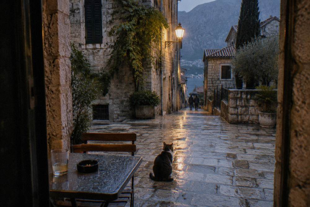 Narrow cobbled lane inside Kotor Old Town with stone buildings and a small square cafe table