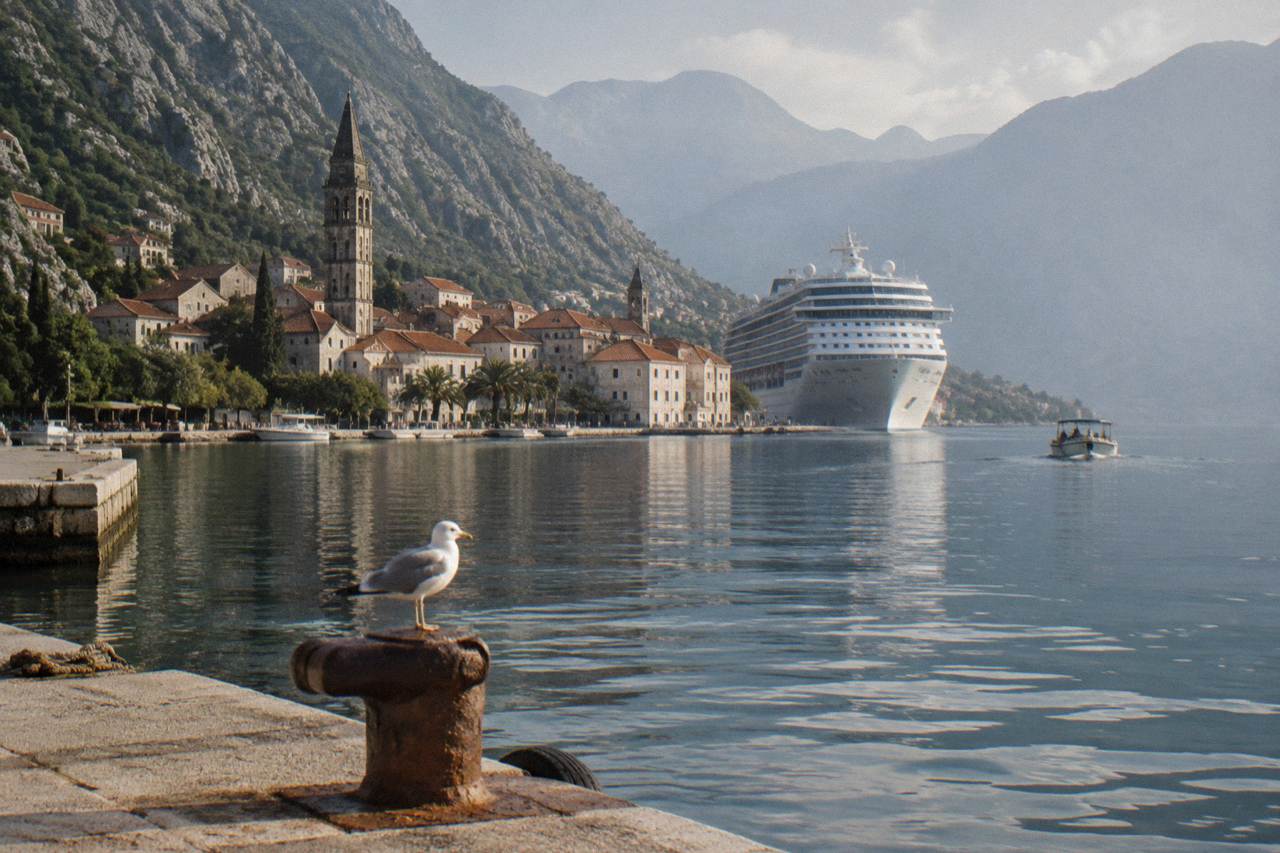 Cruise ship docked beside the medieval walls and rooftops of Kotor Old Town across calm bay water