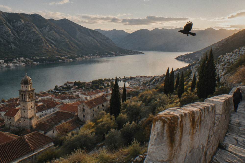 View over Kotor bay from the upper city walls with forested mountains meeting the water