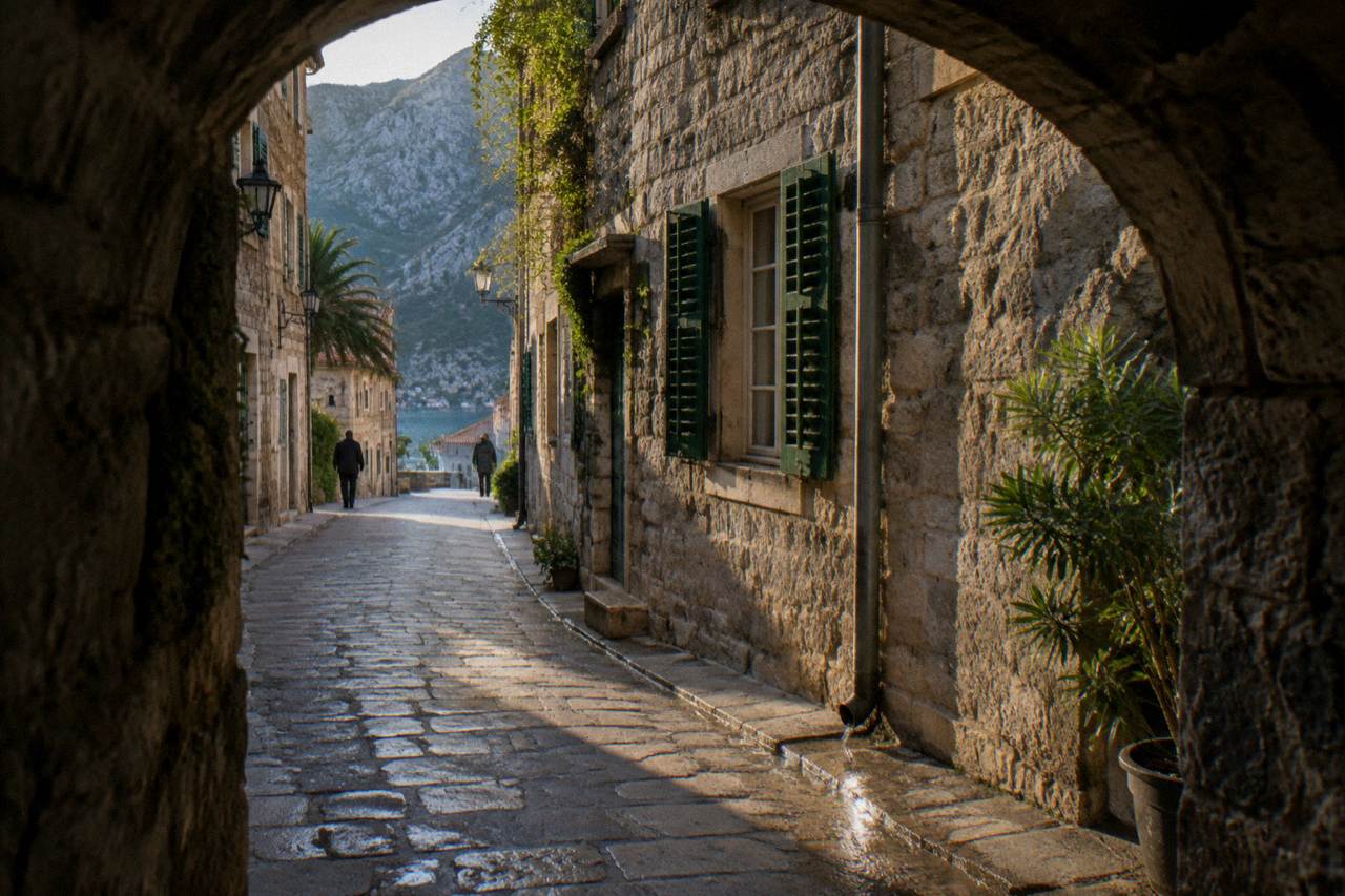 Narrow stone street in Kotor Old Town with shuttered medieval buildings under warm light