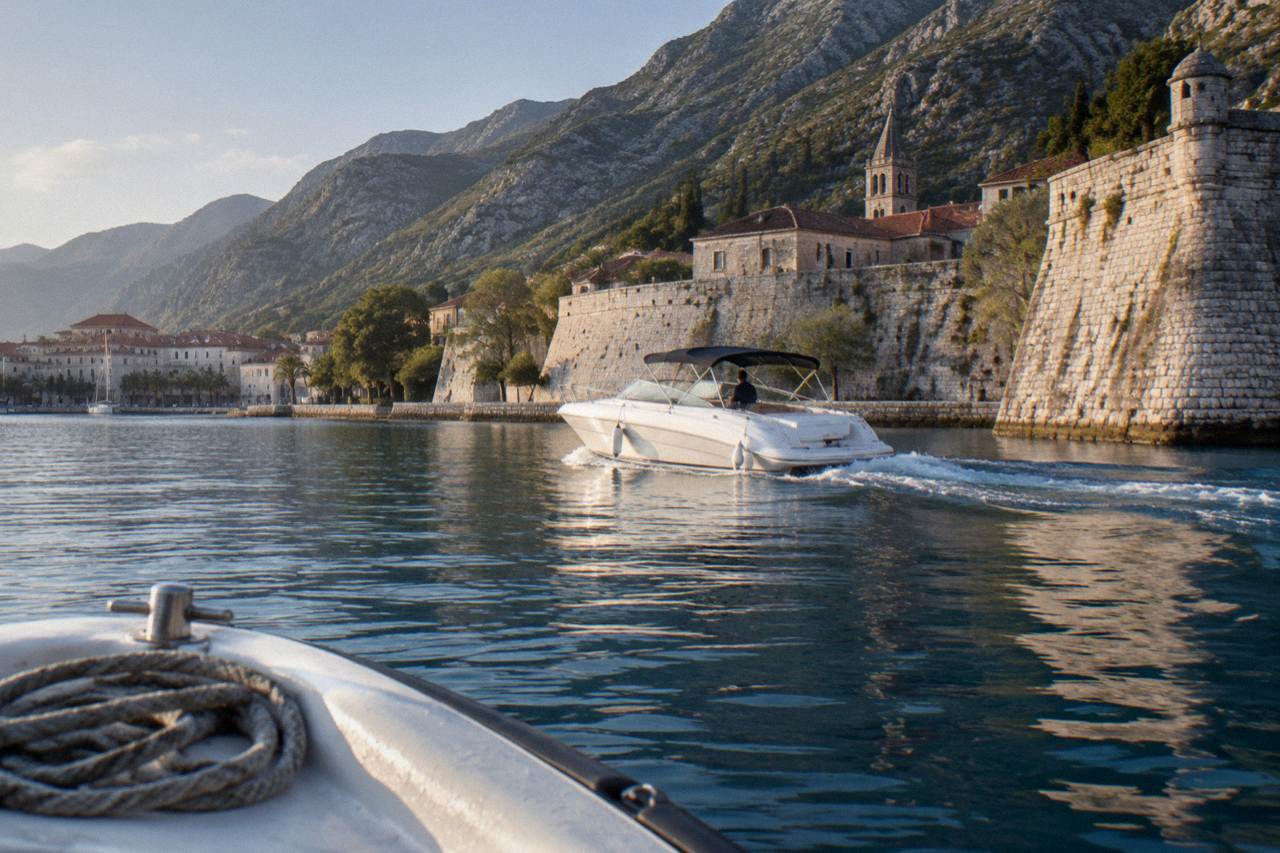 A speedboat crossing calm blue water toward the walled shoreline of the Bay of Kotor