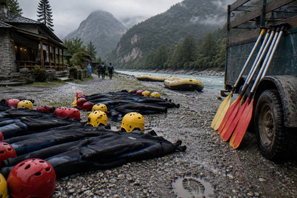 Wetsuits helmets and paddles laid out on a riverbank beside a trailer