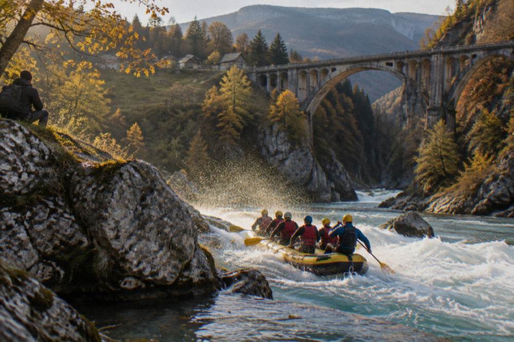 Raft descending a foamy rapid between steep forested canyon cliffs in late afternoon light