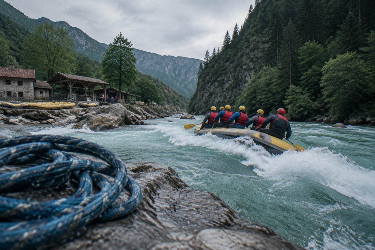 Raft with paddlers in helmets crossing green whitewater between forested canyon walls
