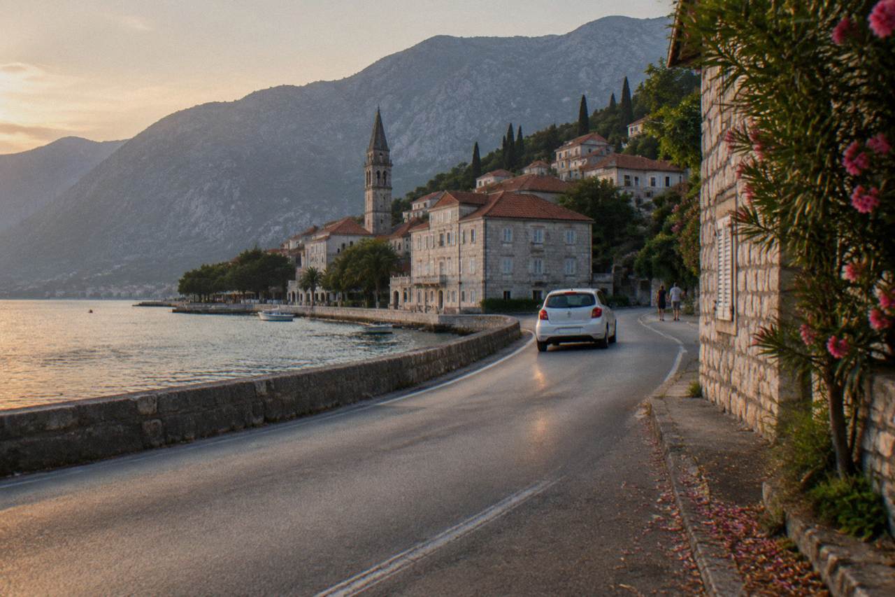 A narrow coastal road curving along the Bay of Kotor with stone villages and hillsides above the water