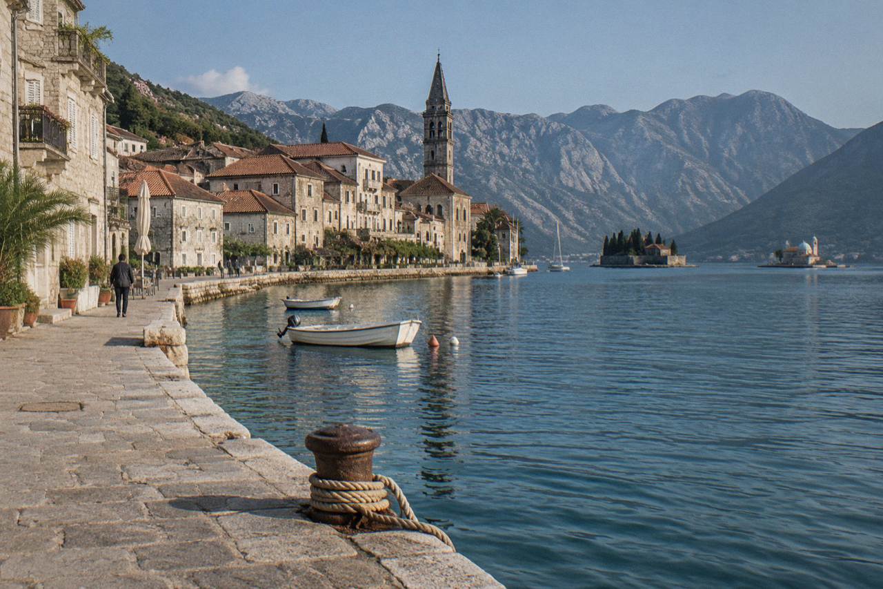 Waterfront palaces and two small islands in the bay seen across the water from Perast