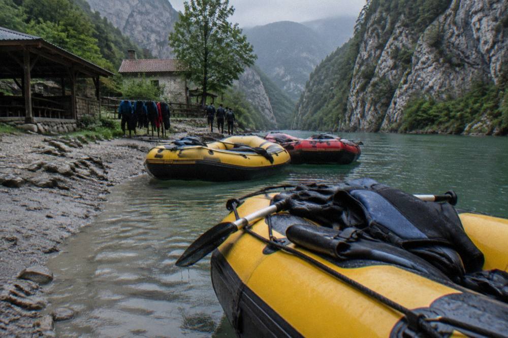 Rafts floating on green water between steep canyon walls