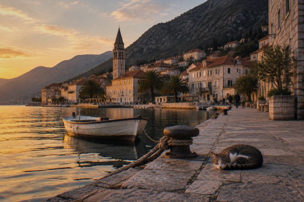 Stone buildings of Kotor Old Town beneath a steep mountainside at golden hour