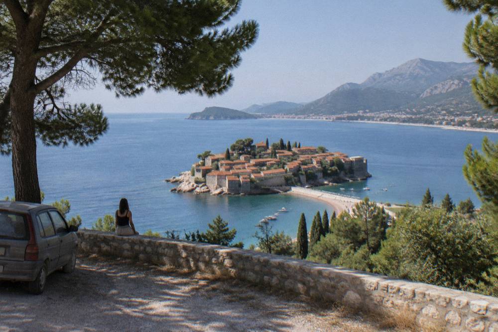 Viewpoint over the islet of Sveti Stefan and the Budva Riviera coastline