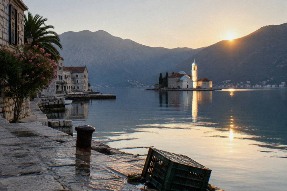 A small island with a church tower sitting in calm water a short distance from a stone waterfront town.