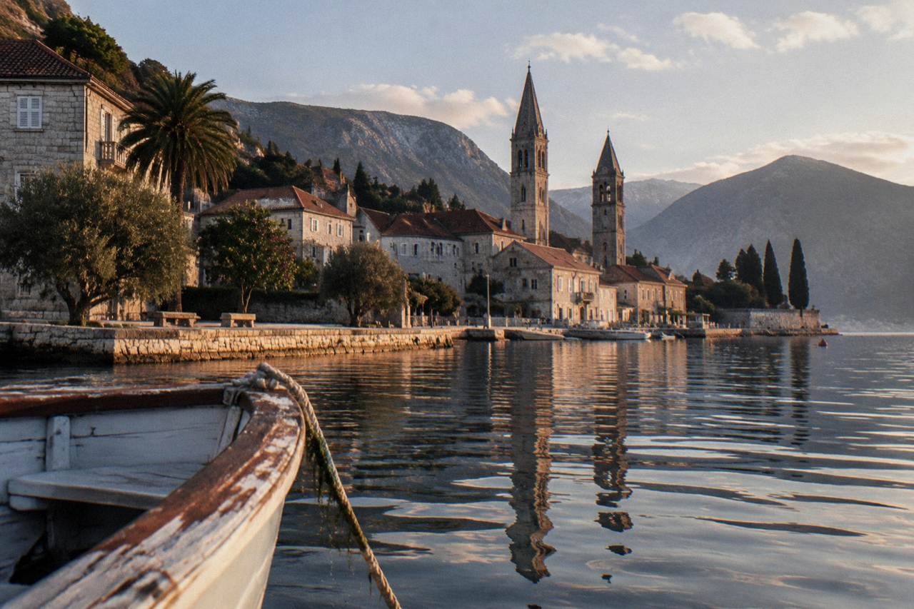 Stone waterfront houses and church towers of a small bay town above calm water.