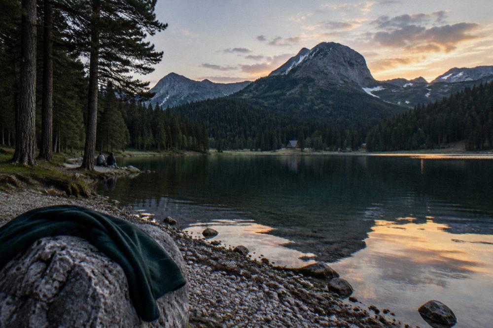 Mountain lake surrounded by pine forest and dark peaks under a clear sky