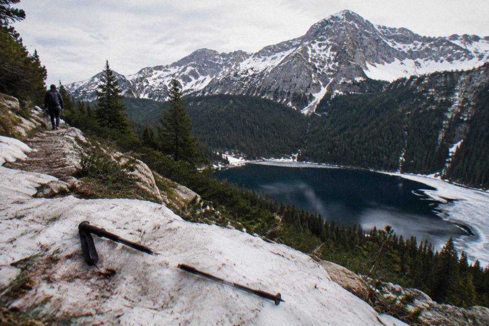 Mountain lake surrounded by pine forest with dark rocky peaks above