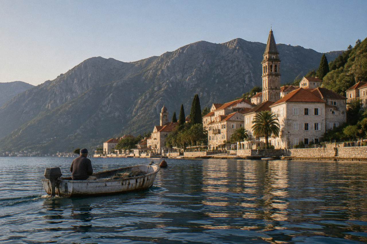calm Adriatic bay with stone towns on the shoreline and mountains rising behind under a clear sky