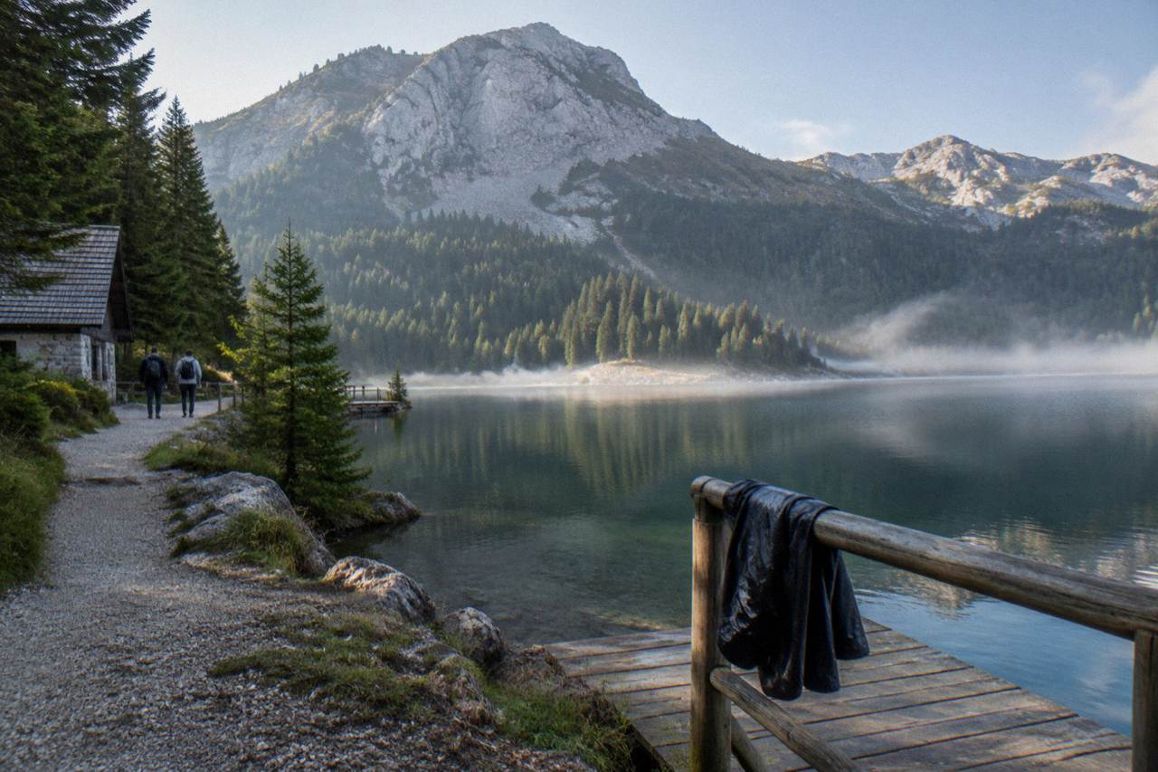 A calm mountain lake ringed by pine forest with a high grey peak rising behind it