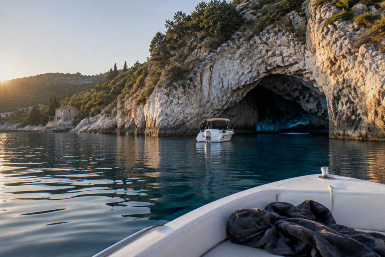 Speedboat anchored outside a sunlit sea cave entrance on the Luštica peninsula coast