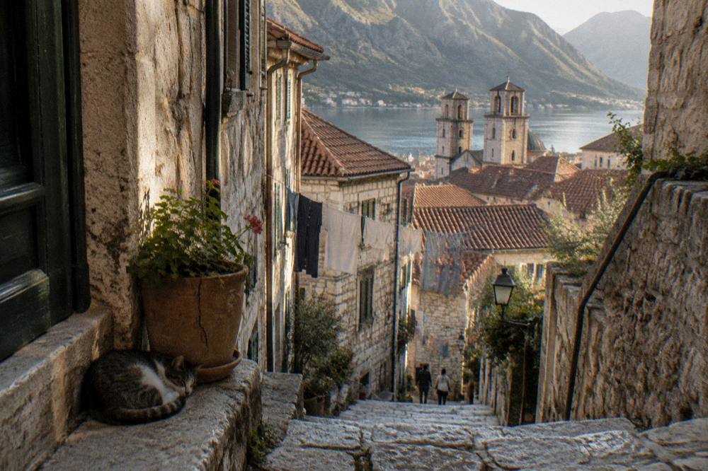 Stone lanes and terracotta roofs of Kotor old town under afternoon light