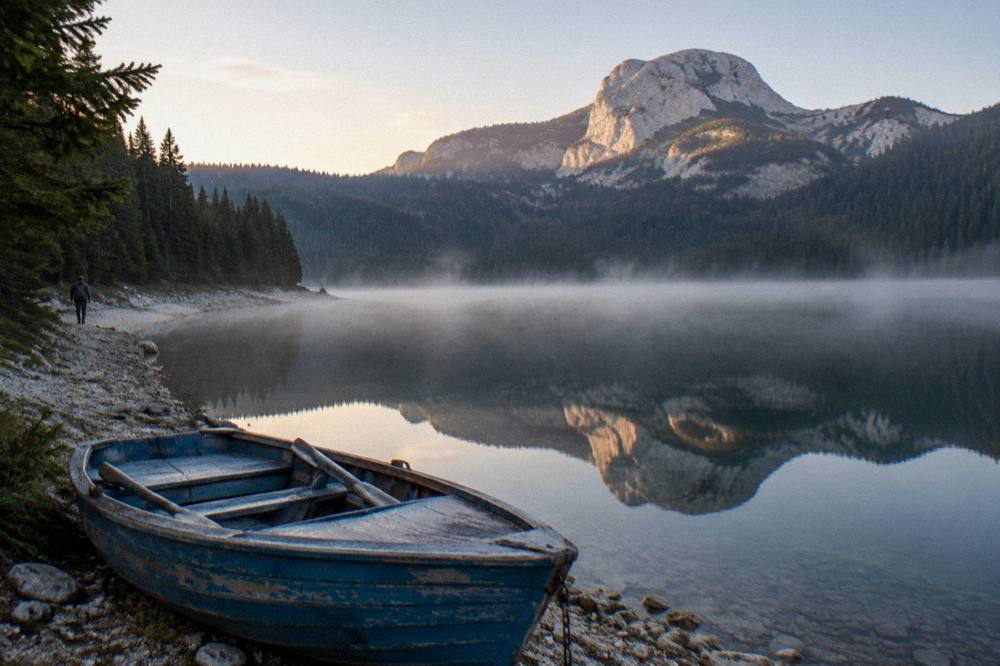 A calm mountain lake reflecting pine forest and a rocky peak