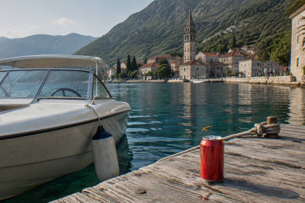 A speedboat at a wooden jetty on calm blue-green water in the Bay of Kotor