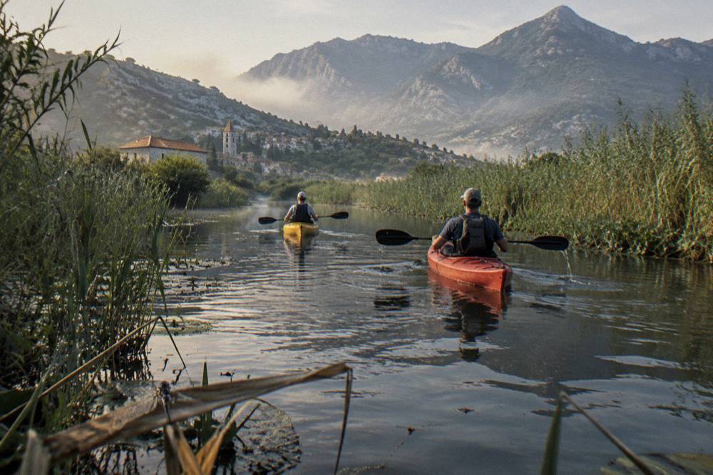 Two kayakers paddling through a wide channel of reeds on still water