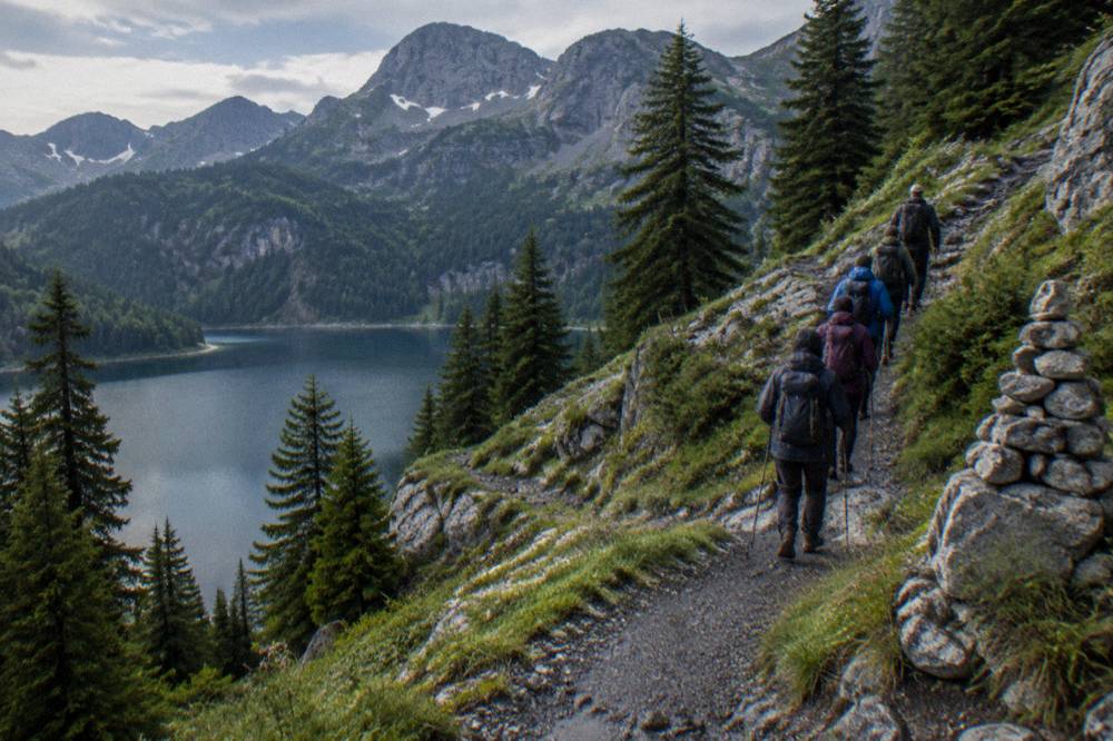 Group of hikers with a guide on a marked mountain trail above a lake