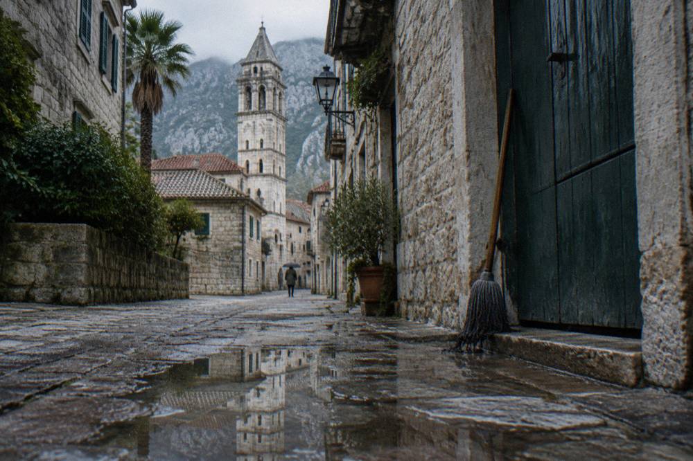 Narrow stone lane inside Kotor old town with medieval buildings and church tower above