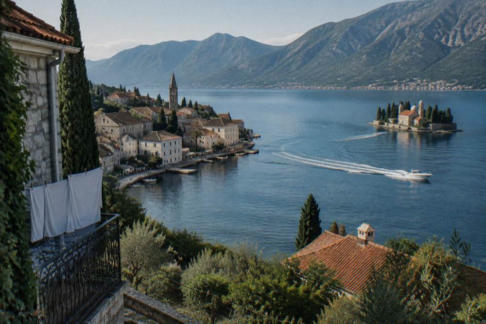 Speedboat crossing the Bay of Kotor past a small island church near Perast