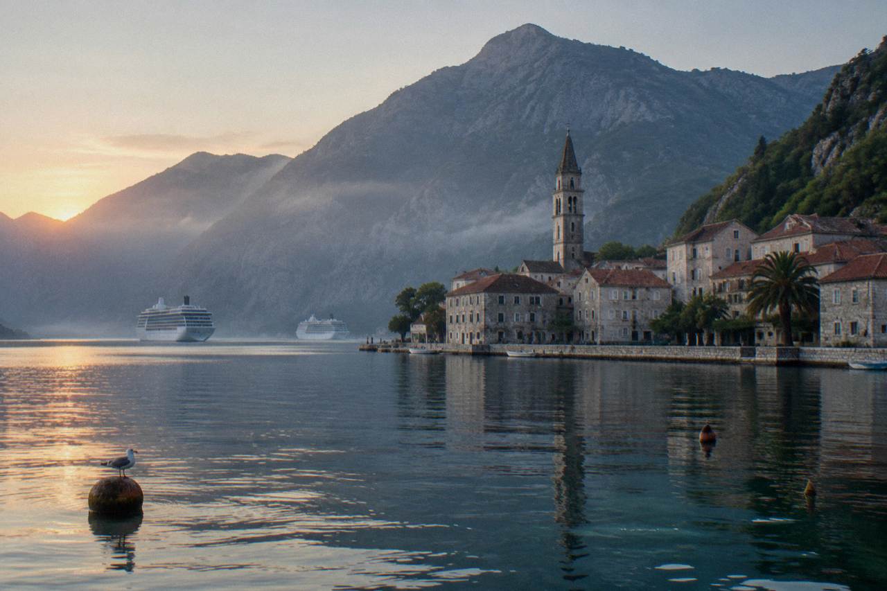 Cruise ships anchored in the Bay of Kotor with mountains rising behind the walled old town