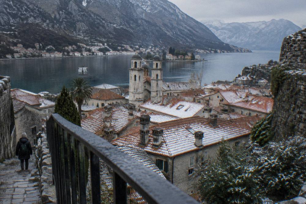 Kotor old town rooftops seen from high on the fortress ramparts