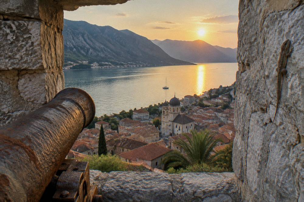 Late afternoon sun on Kotor bay with mountains in the distance
