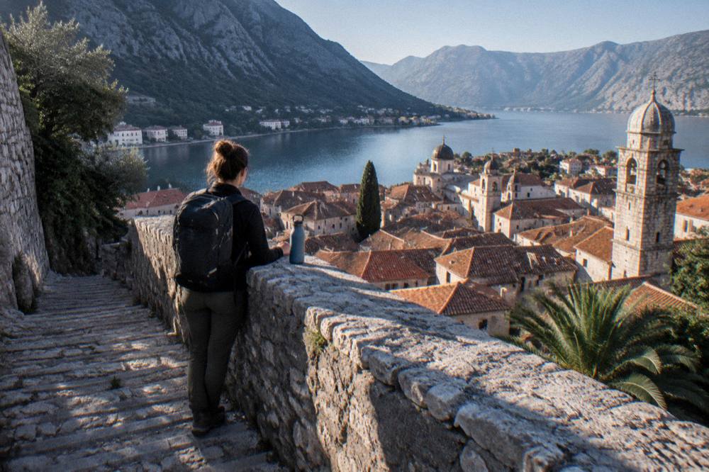 Traveller with a backpack looking out from a stone wall over Kotor rooftops