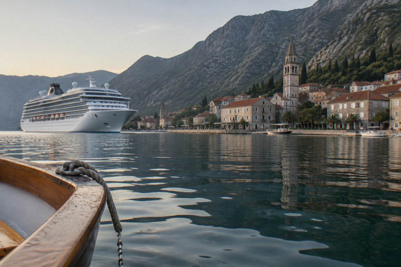 Cruise ship anchored in the Bay of Kotor with the walled old town and mountains behind it