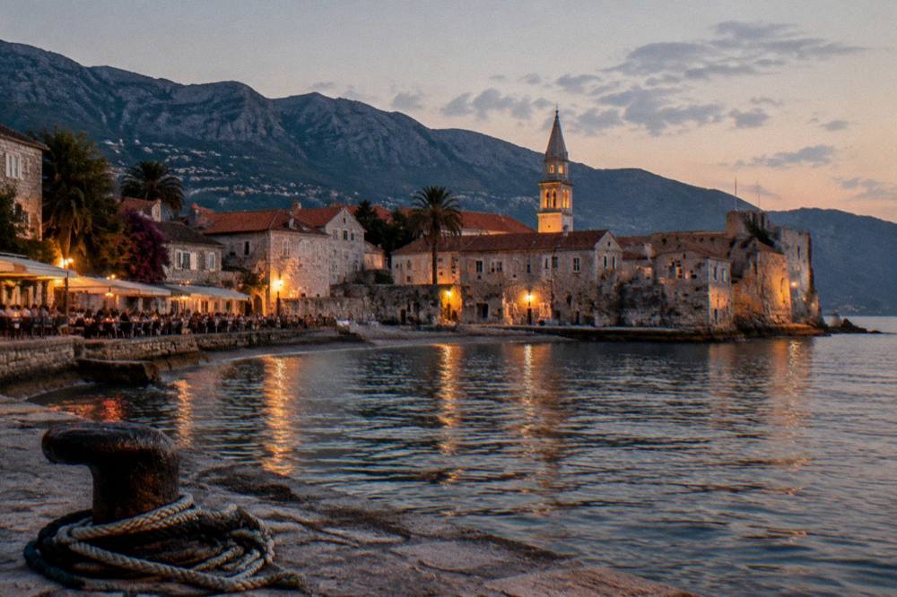 A walled old town at dusk with warm lights on stone buildings and mountains behind
