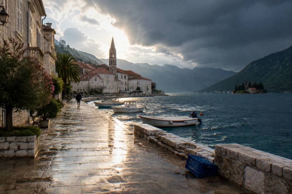 Waterfront promenade in Perast with stone buildings, moored boats and islands offshore
