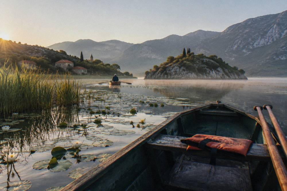 Traditional wooden boat on calm lake water near reed beds and a small stone island