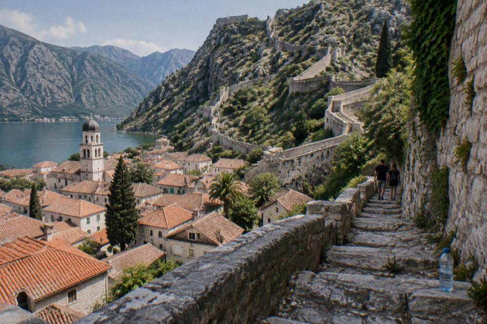 Stone fortification walls climbing a hillside above terracotta rooftops toward a mountain peak
