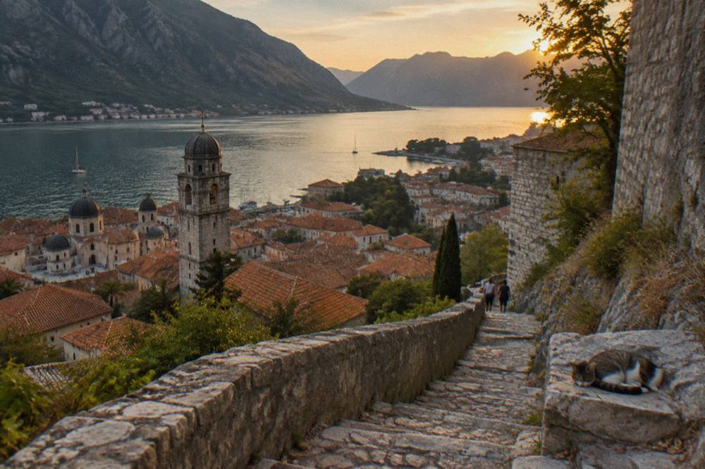 Ancient stone ramparts of the Kotor walls climbing the hillside above red rooftops