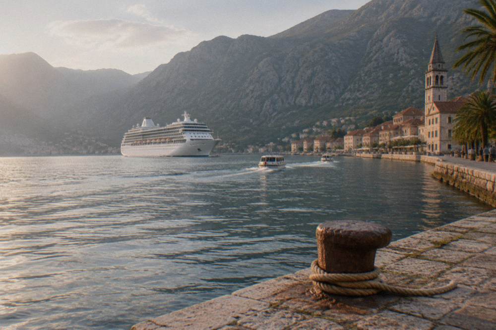 Large white cruise ship anchored in a bay beneath steep mountains near a walled town