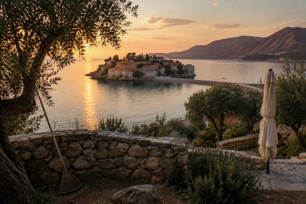 Autumn view over a coastal bay with calm water and hillsides in warm evening light
