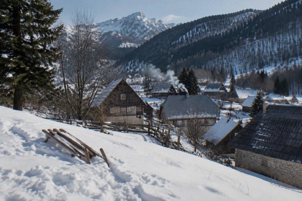 Mountain village rooftops under a clear sky with forested slopes rising behind