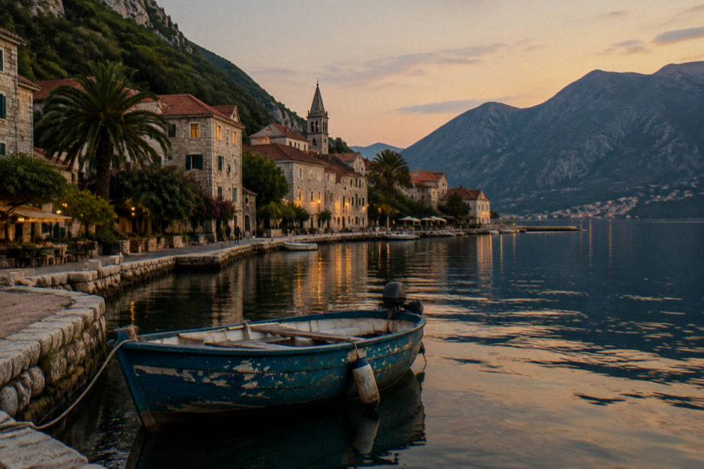 Old stone waterfront town at dusk with calm water and warm evening light