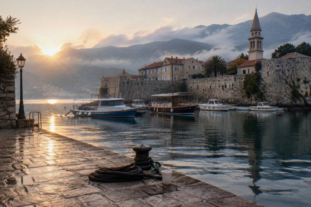 An empty stone jetty and moored boats in early morning light on a quiet bay