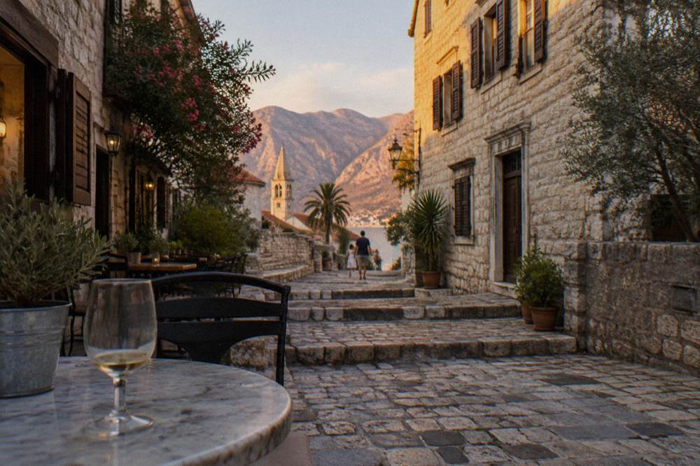 Narrow stone alley in Budva Old Town with shuttered houses and cafe tables