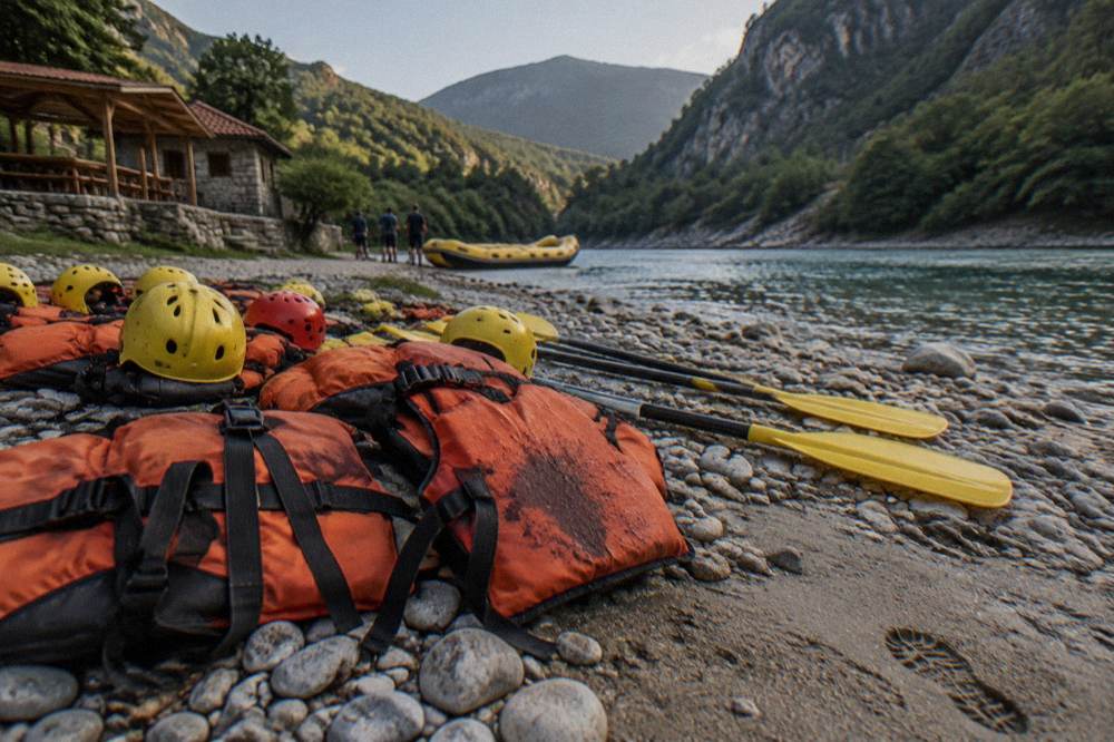 A pile of helmets, paddles and life jackets laid out on a riverbank