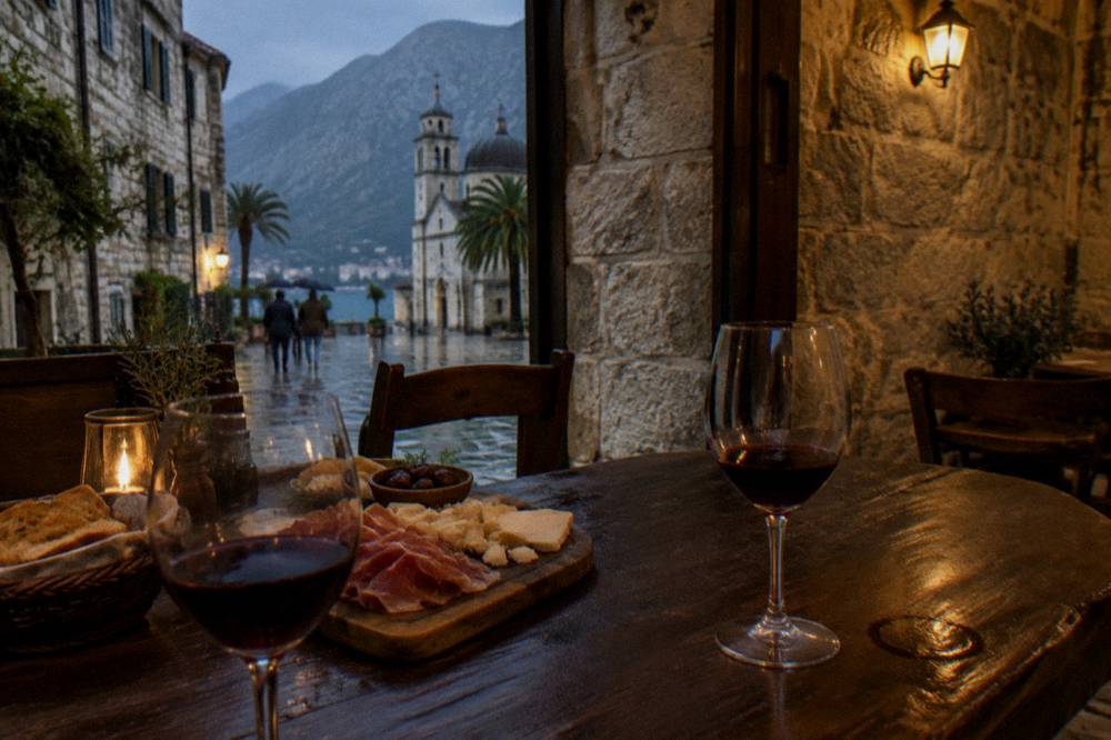 Rustic table with cured ham, cheese and glasses of red wine