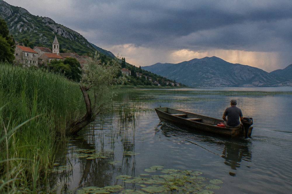 Wooden boat on a wide lake with reed beds and distant mountains